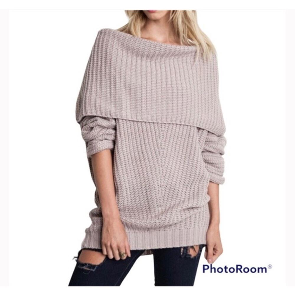 Umgee Women’s Taupe Chunky Thick Foldover Off the Shoulder Knit Sweater Sz Small